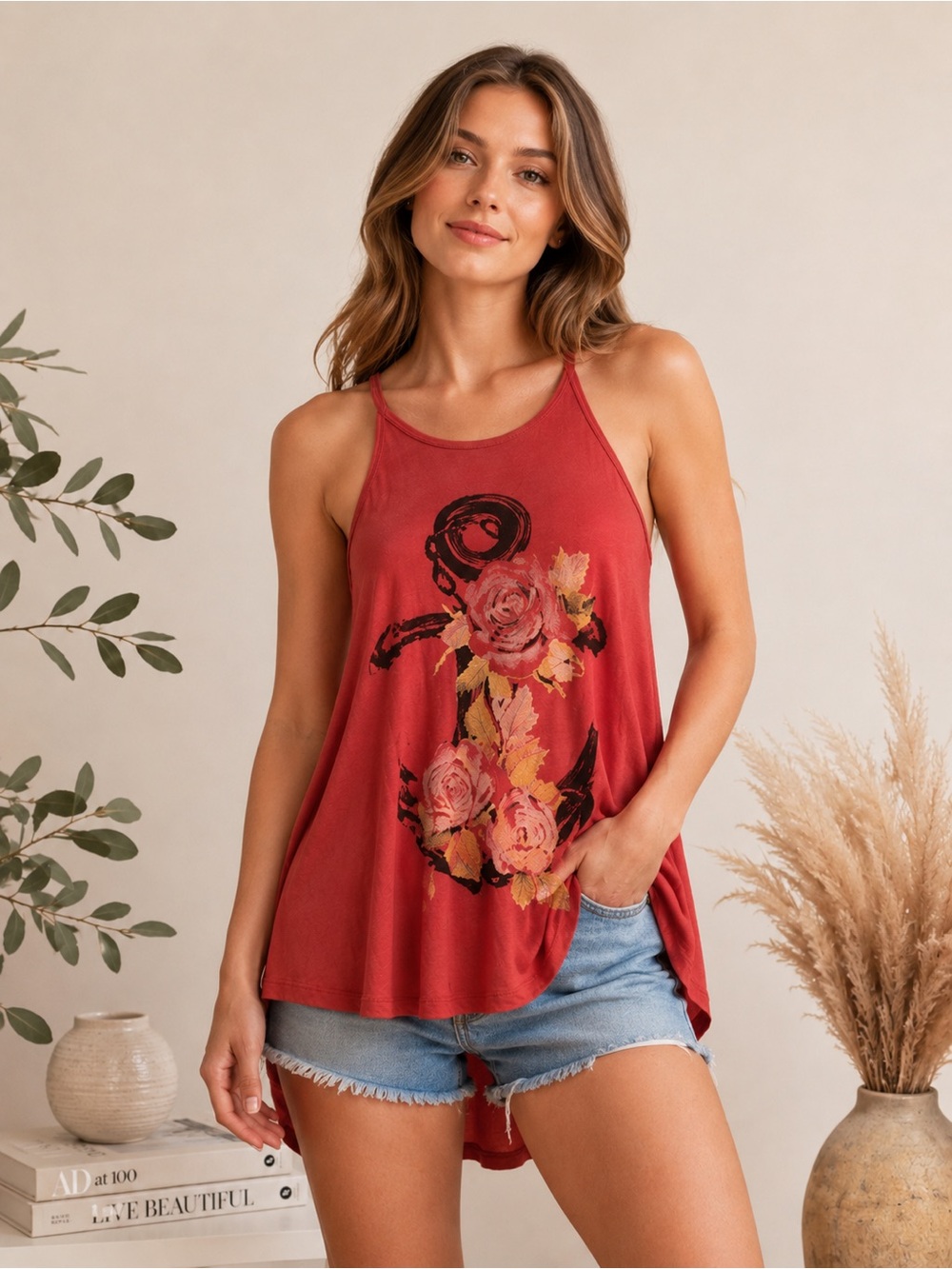 Hippie Chic Rose Tank W/Anchor & Floral Design (L)